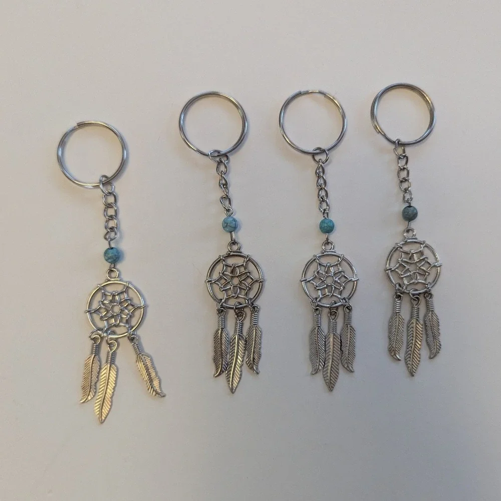 Dreamcatcher Keychain Silver Turquoise Bead Feather Boho Accessory 4 pack
